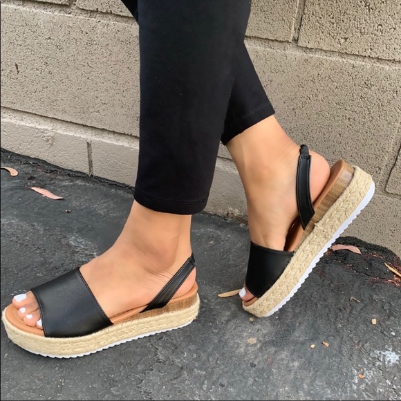 Shoes - Leatherette Sling Back Espadrille Flatforms